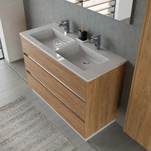 Mobile bagno moderno con doppio lavabo e finitura legno per bagni eleganti.
