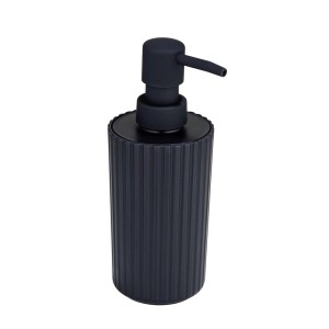 Dispenser di sapone nero con design a coste per il bagno.