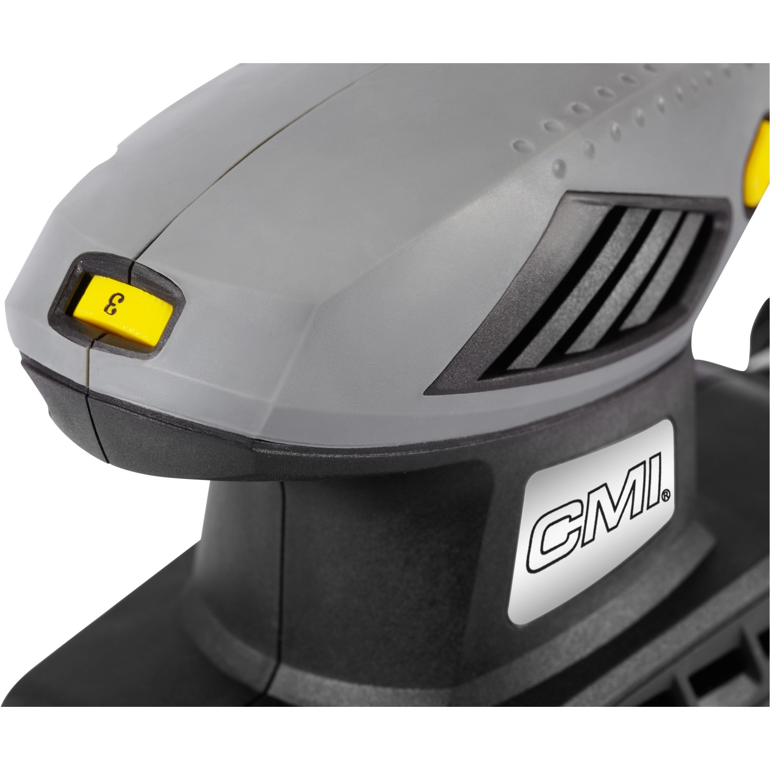 Dettaglio: levigatrice orbitale CMI C-SWS-200 B, corpo grigio, interruttore giallo.