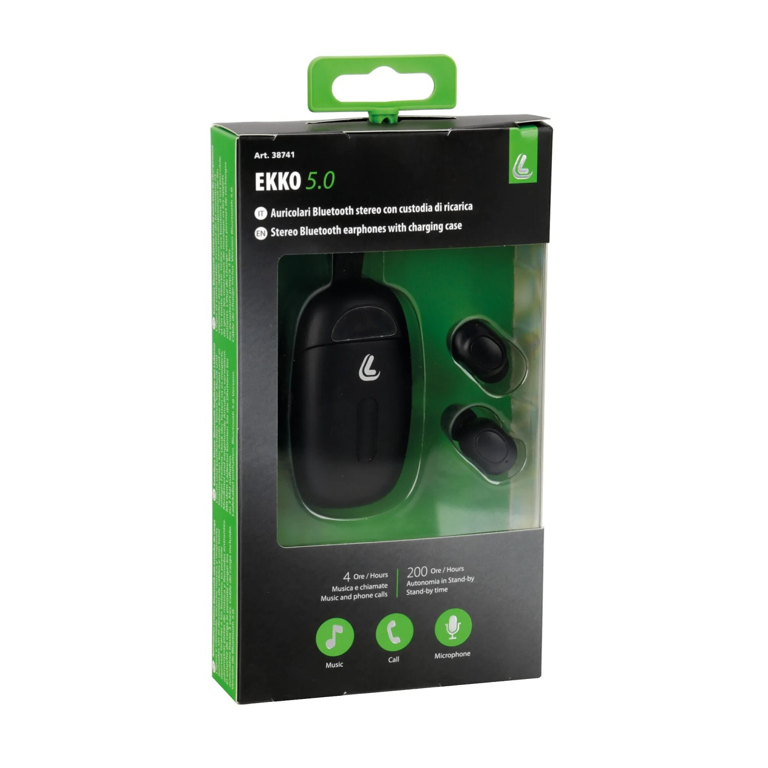 Auricolari Bluetooth neri EKKO 5.0 con custodia di ricarica nella confezione.