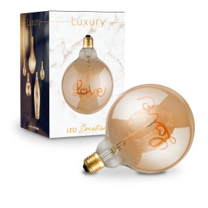Lampadina LED E27 decorativa con scritta "Love" e base color oro.