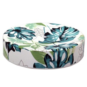 Dispenser sapone t.b.t. con decoro a foglie tropicali.