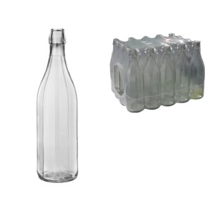 Bottiglia di vetro trasparente e confezione da 12 per la raccolta.
