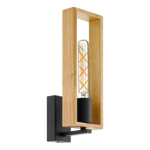 Applique moderna con cornice in legno e lampadina allungata.