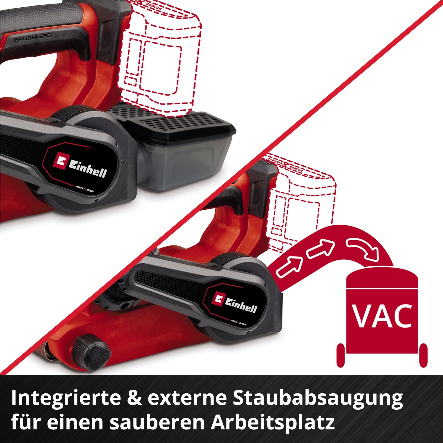 Levigatrice a nastro a batteria Einhell TP-BS 18/457 Li BL con aspirazione polvere e contenitore.