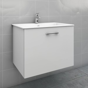 Mobile bagno bianco con lavabo e rubinetto per arredo bagno.