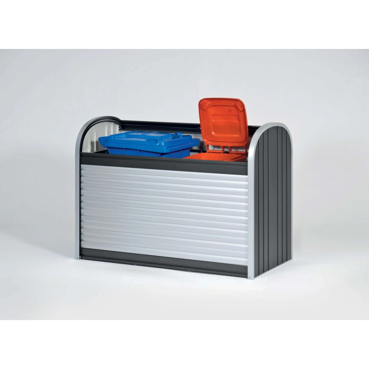 Biohort StoreMax 160 box da giardino in grigio scuro metallizzato con serranda e bidoni.