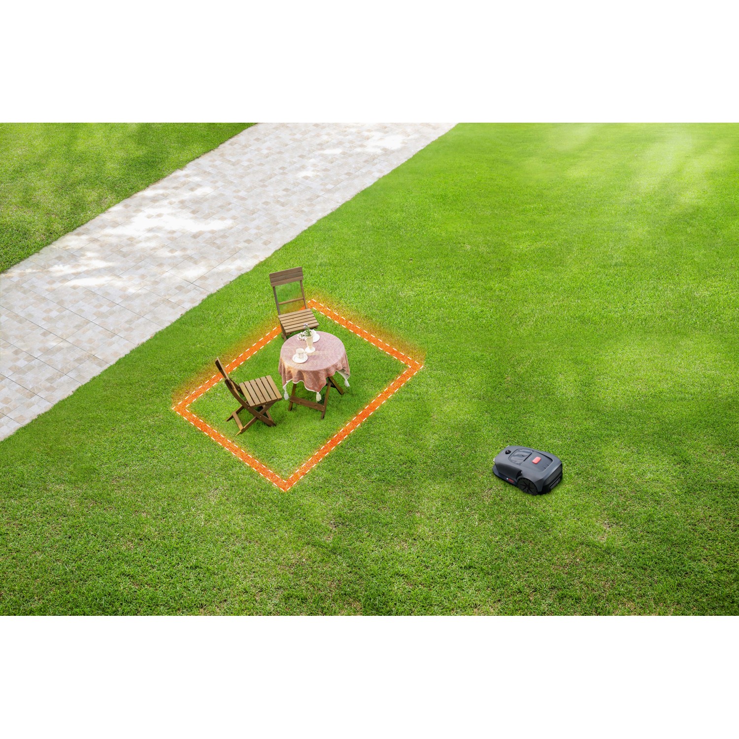Scena con robot tagliaerba t.b.t. su prato con mobili da giardino.