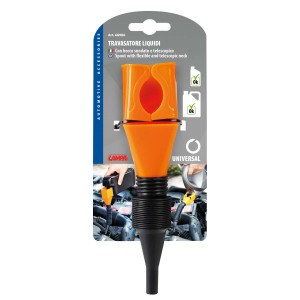 Imbuto arancione con collo flessibile per liquidi, accessorio auto per soccorso stradale.