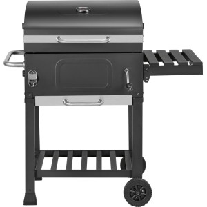 Grill a carbone Jamestown Jaxon grigio scuro con coperchio, termometro, ripiano laterale e ruote.