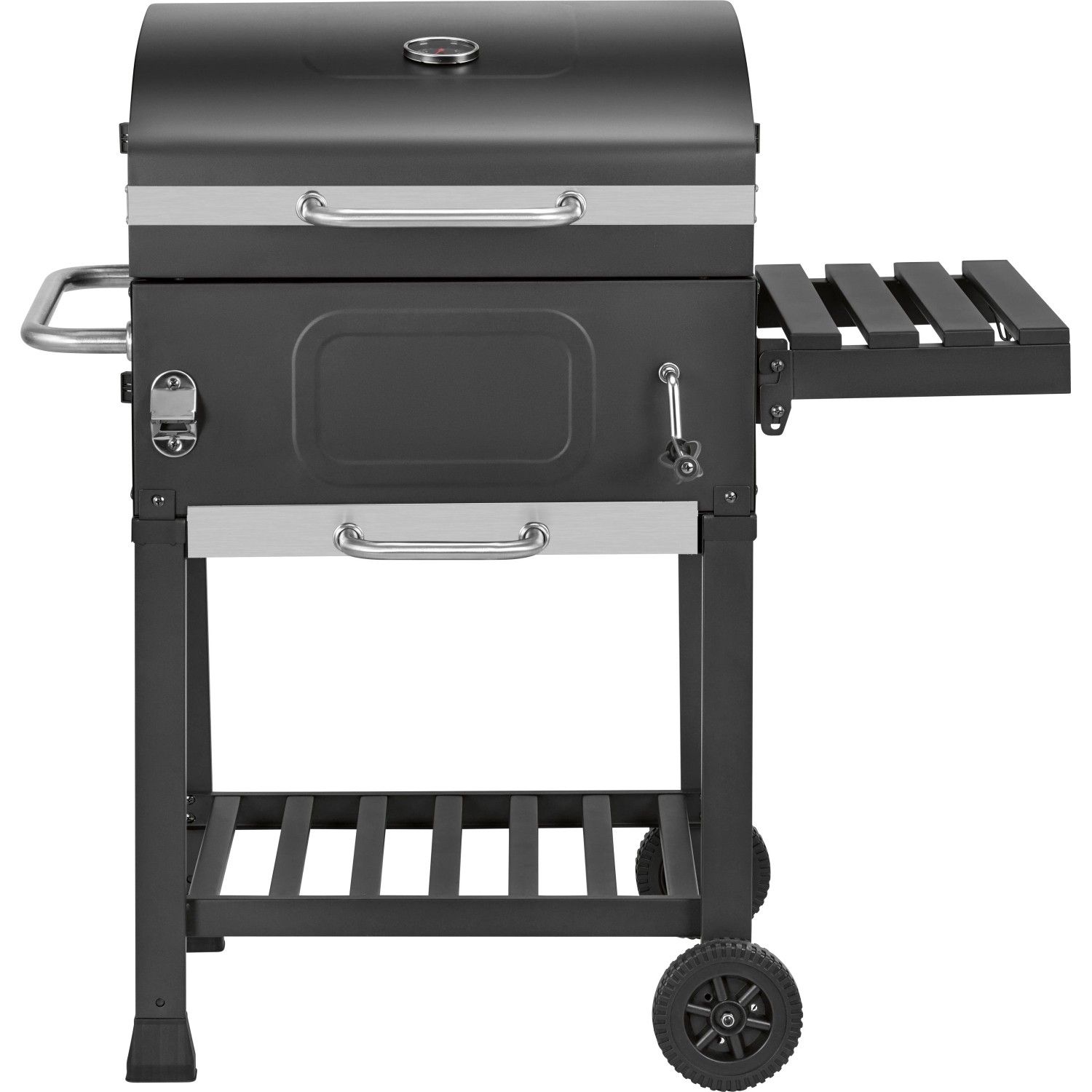 Grill a carbone Jamestown Jaxon grigio scuro con coperchio, termometro, ripiano laterale e ruote.