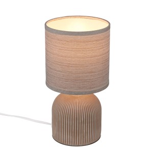 Lampada da tavolo Brilo Ino marrone con base in ceramica e paralume in tessuto, Ø 18 cm.