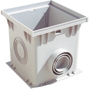 Pozzetto di scarico/ispezione in plastica grigia per uso esterno.