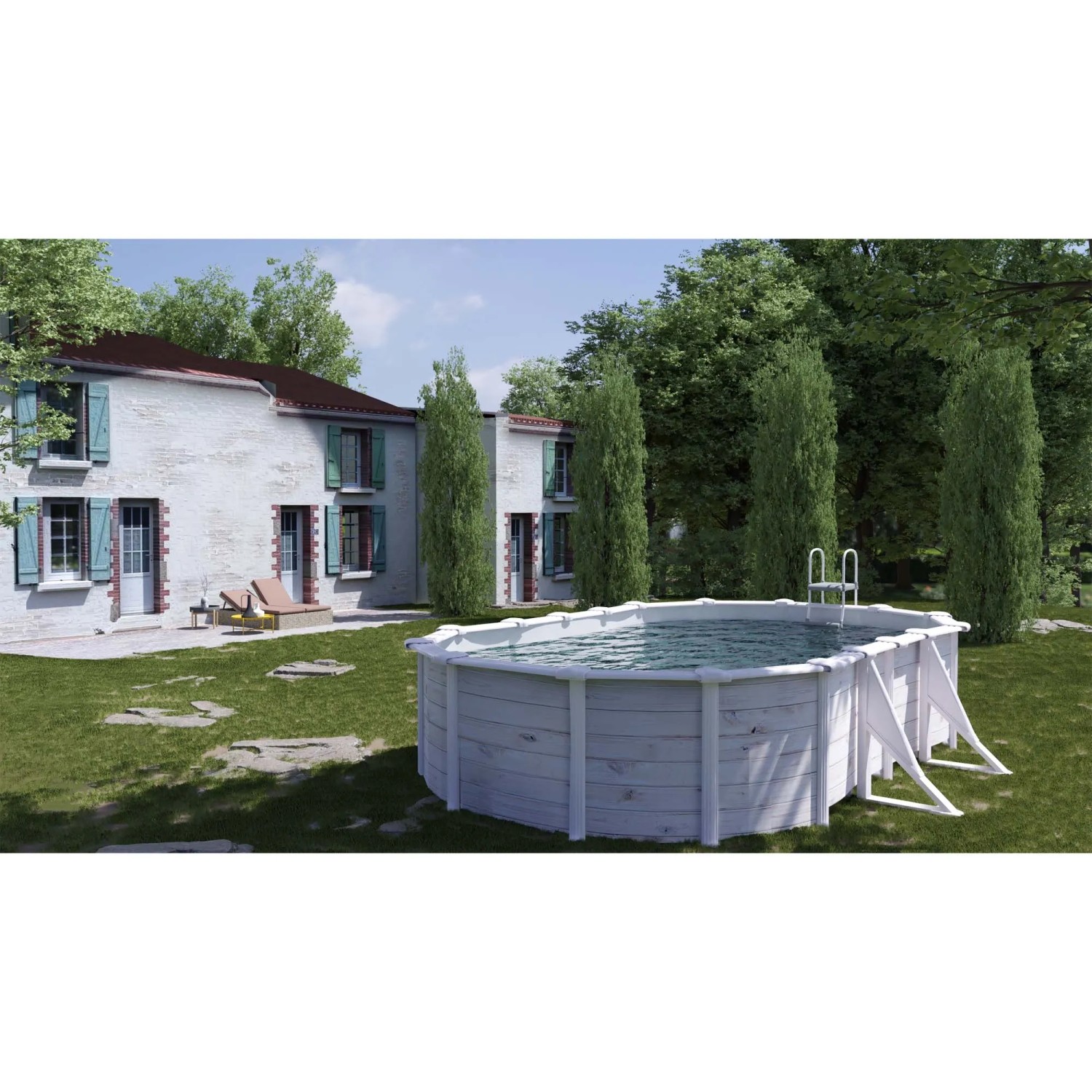 Piscina ovale Gre Pool Finlandia in Nordic White con scaletta in giardino.