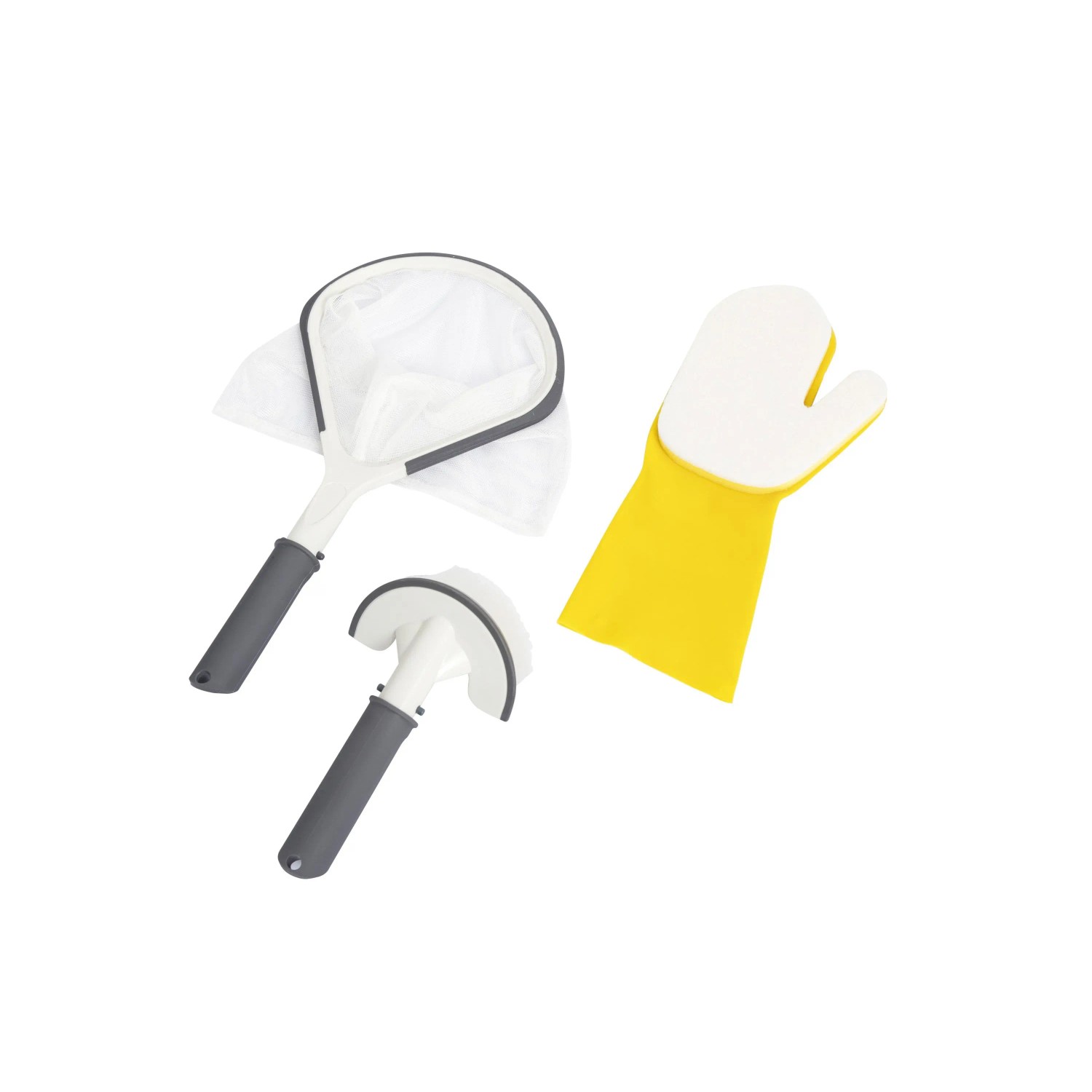 Set accessori piscina: retino, spazzola e guanto per la pulizia della piscina.