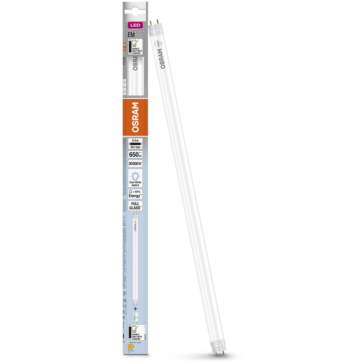 Tubo fluorescente LED Osram, 5,4W, bianco freddo, accanto alla confezione del prodotto.