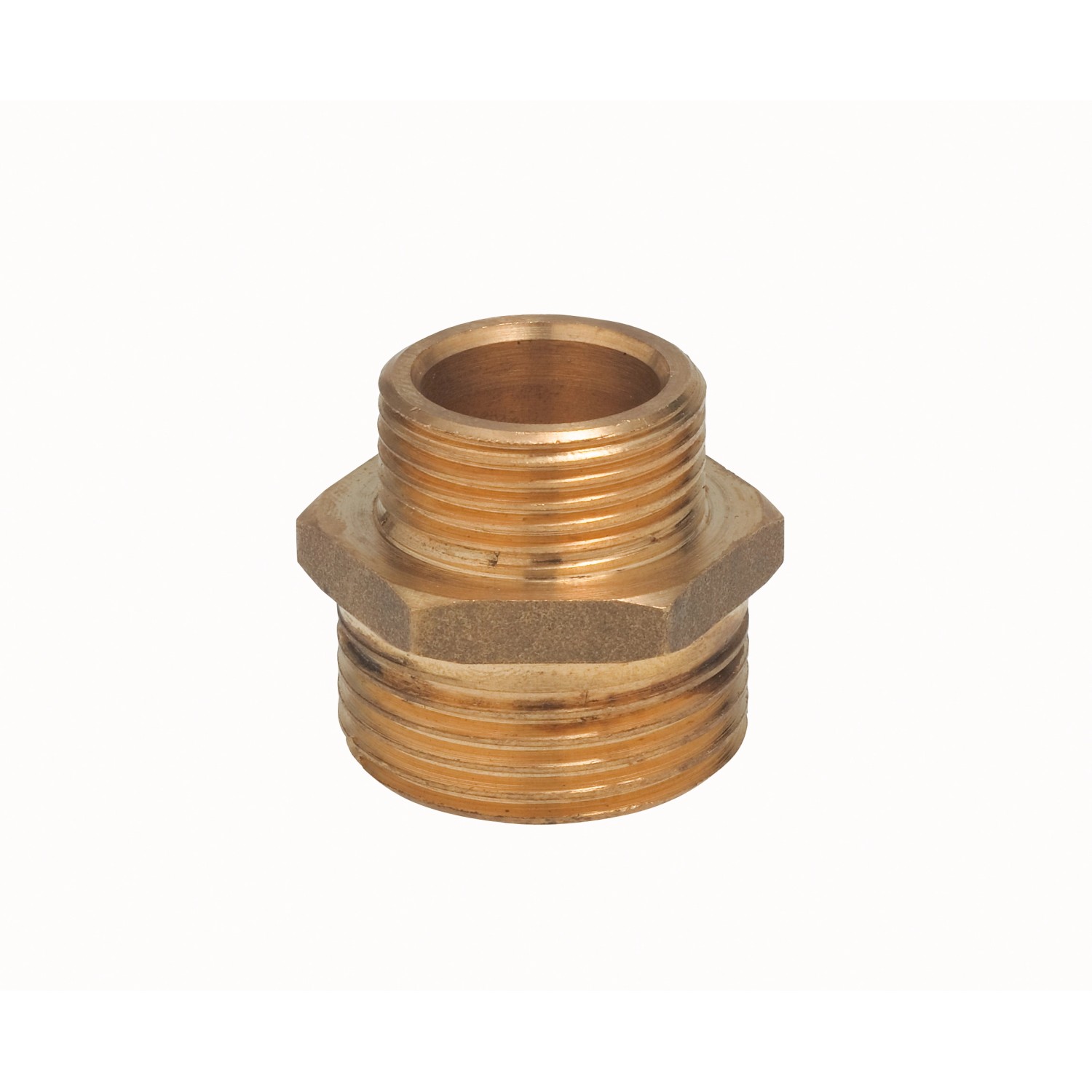 Nipplo filettato in ottone riduttore R 3/4 x R 1/2 per pompe e impianti idrici domestici.