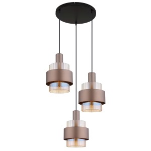 Moderna lampada a sospensione t.b.t. con tre paralumi in bronzo e vetro trasparente.
