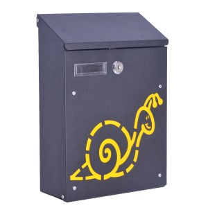 Cassetta postale antracite con lumaca gialla decorativa.