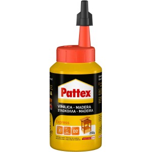 Flacone giallo di colla per legno Pattex Express con tappo rosso e punta nera.