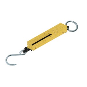 Bilancia a molla tascabile LUX fino a 25 kg, corpo giallo con gancio e anello per appenderla.