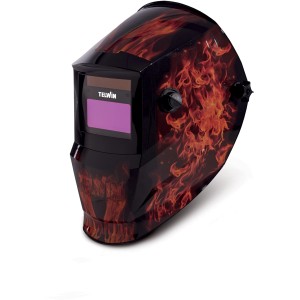 Maschera da saldatura nera con motivo a fiamme, accessorio per saldatura.