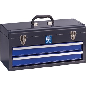 Cassetta degli attrezzi LUX Comfort grigia, 71 pezzi, con maniglia e due cassetti blu.