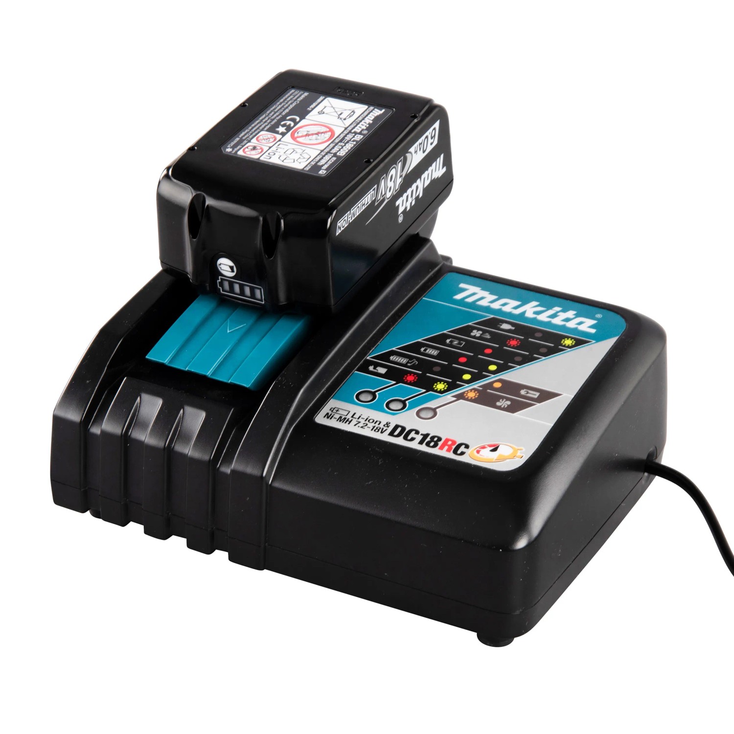 Caricabatterie Makita con batteria 18V per trapano avvitatore a percussione.