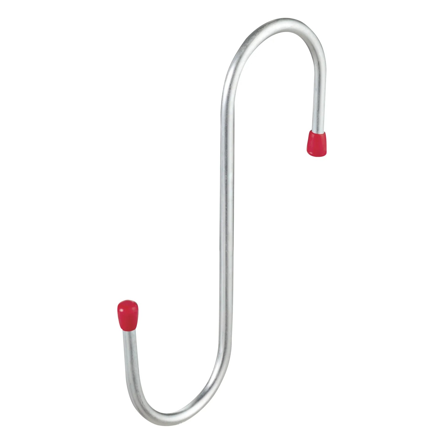 Gancio a S zincato, 180x70 mm, con cappucci in gomma rossi per montaggio a parete.