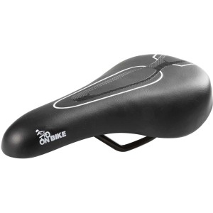 Sella da bicicletta nera con bordo bianco e logo "on bike".