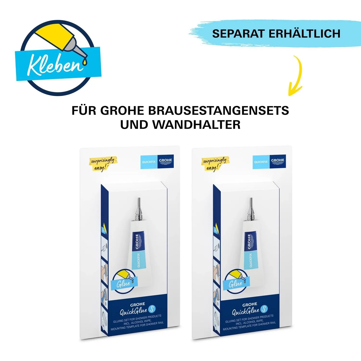 Set adesivo Grohe QuickGlue per set asta doccia e supporti a parete, venduto separatamente.