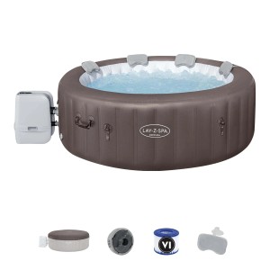 Vasca idromassaggio gonfiabile Lay-Z-Spa marrone con accessori come filtro e copertura.