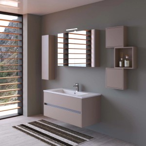 Set di mobili da bagno moderni: mobile lavabo, specchiera, pensile e mensole in color tortora.