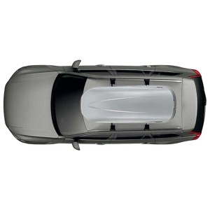Box da tetto montato su auto, accessorio per il trasporto. Vista dall'alto.