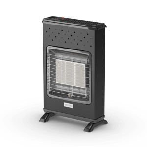 Stufa a gas nera per interni con griglia di sicurezza e manopola di controllo.