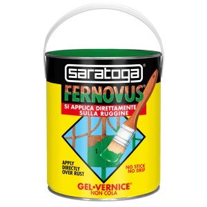 Barattolo di smalto antiruggine Saratoga, giallo con coperchio verde e pennello. Adatto per l'applicazione diretta sulla ruggine.