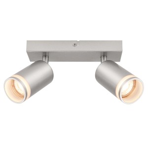 Faretto t.b.t. argentato con due luci per montaggio a soffitto.