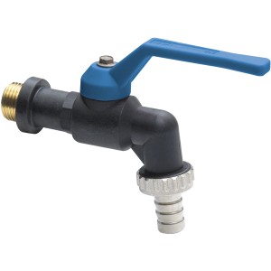 Rubinetto a sfera t.b.t. con maniglia blu e corpo nero.