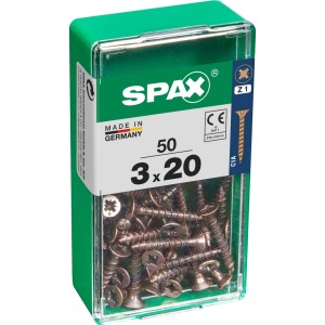 Viti per legno SPAX 3x20 mm in contenitore di plastica verde.