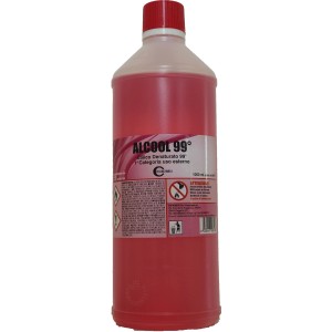 Bottiglia di alcool denaturato rosso per pulizia domestica.