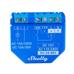 Modulo relè Shelly Plus 1 blu per domotica, dettaglio dei collegamenti e delle etichette.