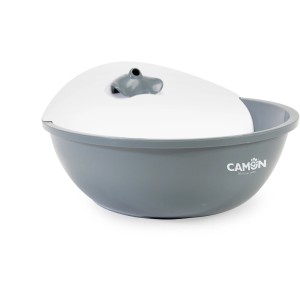 Fontanella grigia per piccoli animali con coperchio bianco e motivo ippopotamo.