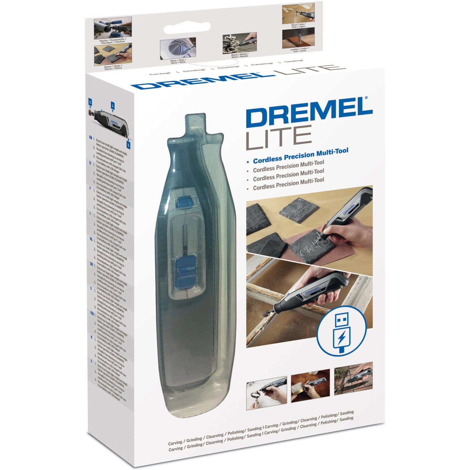 Dremel Lite 7760-15 set di utensili miniaturizzati con 15 accessori, cordless e ricaricabile via USB.