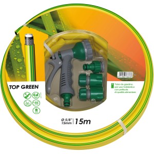 Tubo da giardino giallo da 15 m con pistola a spruzzo e connettori.