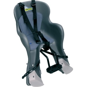 Seggiolino bici grigio per bambini con imbracatura di sicurezza per il montaggio sulla bicicletta.