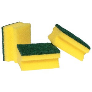 Spugne gialle con lato abrasivo verde, set da 3. Ideali per cucina e casa.