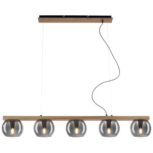 Lampada a sospensione moderna con cinque globi in vetro grigio e dettagli in legno.