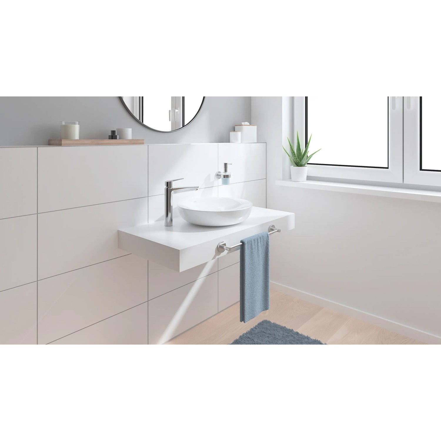 Miscelatore lavabo Grohe QuickFix Start XL-Size in un bagno moderno con lavabo da appoggio.
