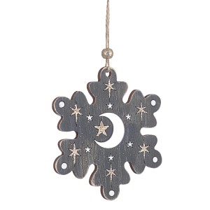 Decorazione natalizia a forma di fiocco di neve in legno grigio con luna e stelle.