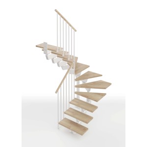 Scala a chiocciola t.b.t. per interni con gradini in legno e ringhiera bianca.